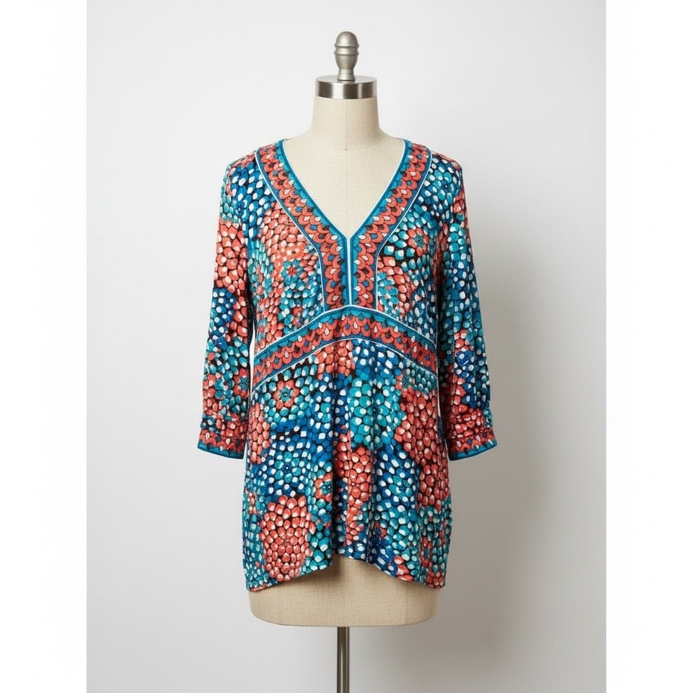 ECI New York 1X Floral V Neck Top 3/4 Sleeve Keyhole Back Side Zip Plus‎ Size